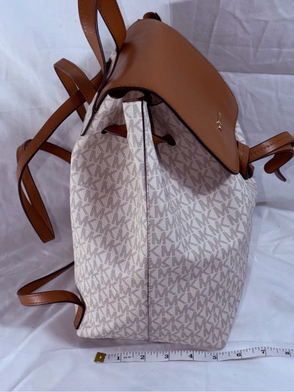 Michael Kors Junie Medium Vanilla MK Logo Drawstring Backpack Acorn Leather